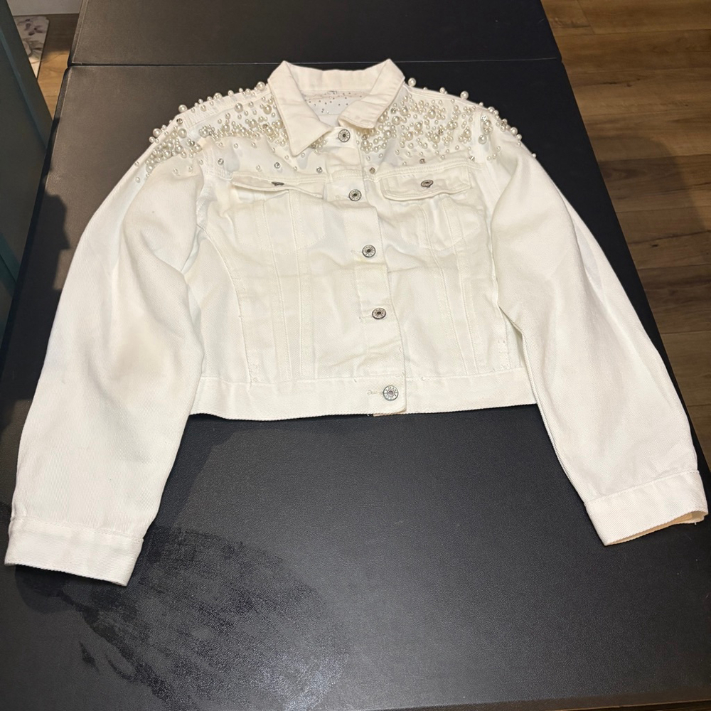 White Denim Jacket Pearl Rhinestone Embellished Women’s Cropped Trucker Glam XL - Picture 6 of 6